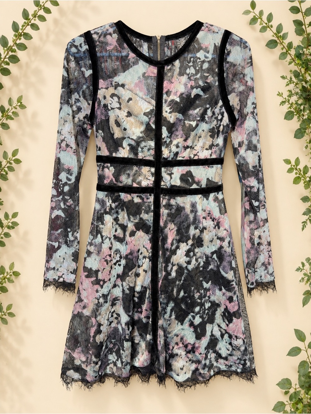 Fire Los Angeles Multicolor Velvet Fit-and-Flare Dress with Black Trim